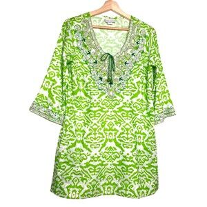 Soft Surroundings Green Beaded Moroccan Tunic Size XS 3/4 Sleeves Sequins